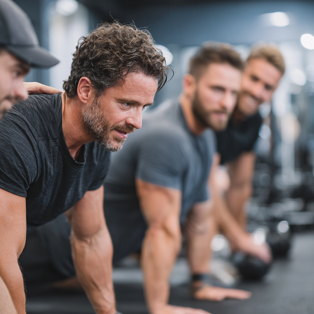 Група чоловіків на тренуванні, підтримують один одного під час виконання вправ