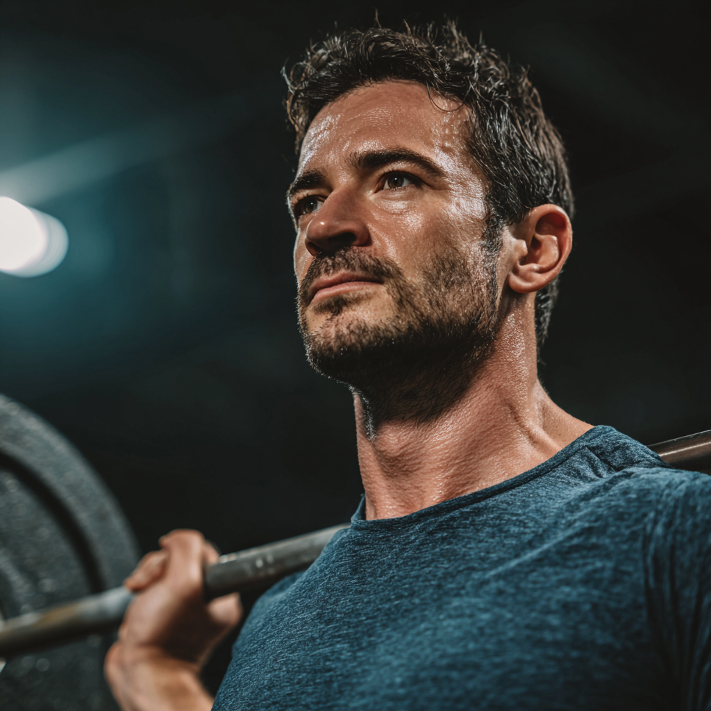 Сильний чоловік у спортзалі тримає штангу, демонструючи фізичну силу та витривалість